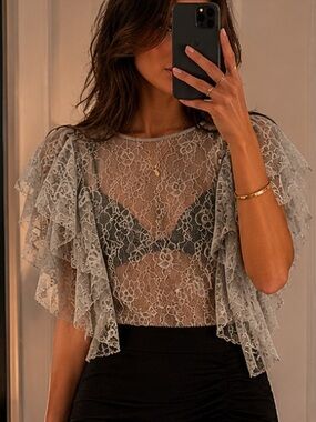 ZARA Lace Ruffle Sleeve Top - Light Gray